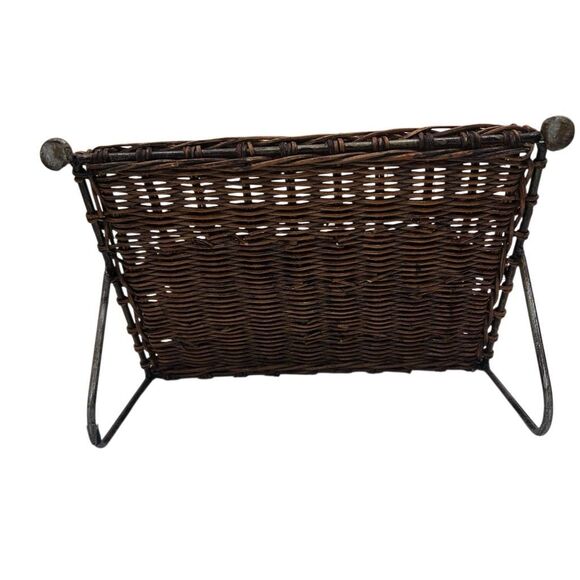 Vtg MCM Desktop Hand Woven Wicker Metal Vinyl Stationary Magazine Rack Holder - Picture 10 of 11